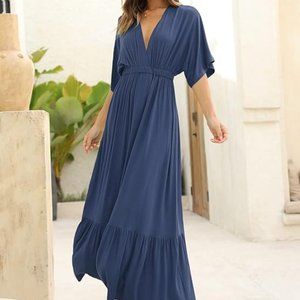 Navy Blue V Neck Short Sleeve Maxi Dress